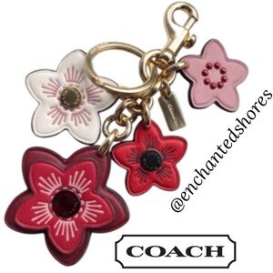 Coach Bag Charm Wildflower Cluster Keychain Purse Jewelry Pink Burgundy Red Gold